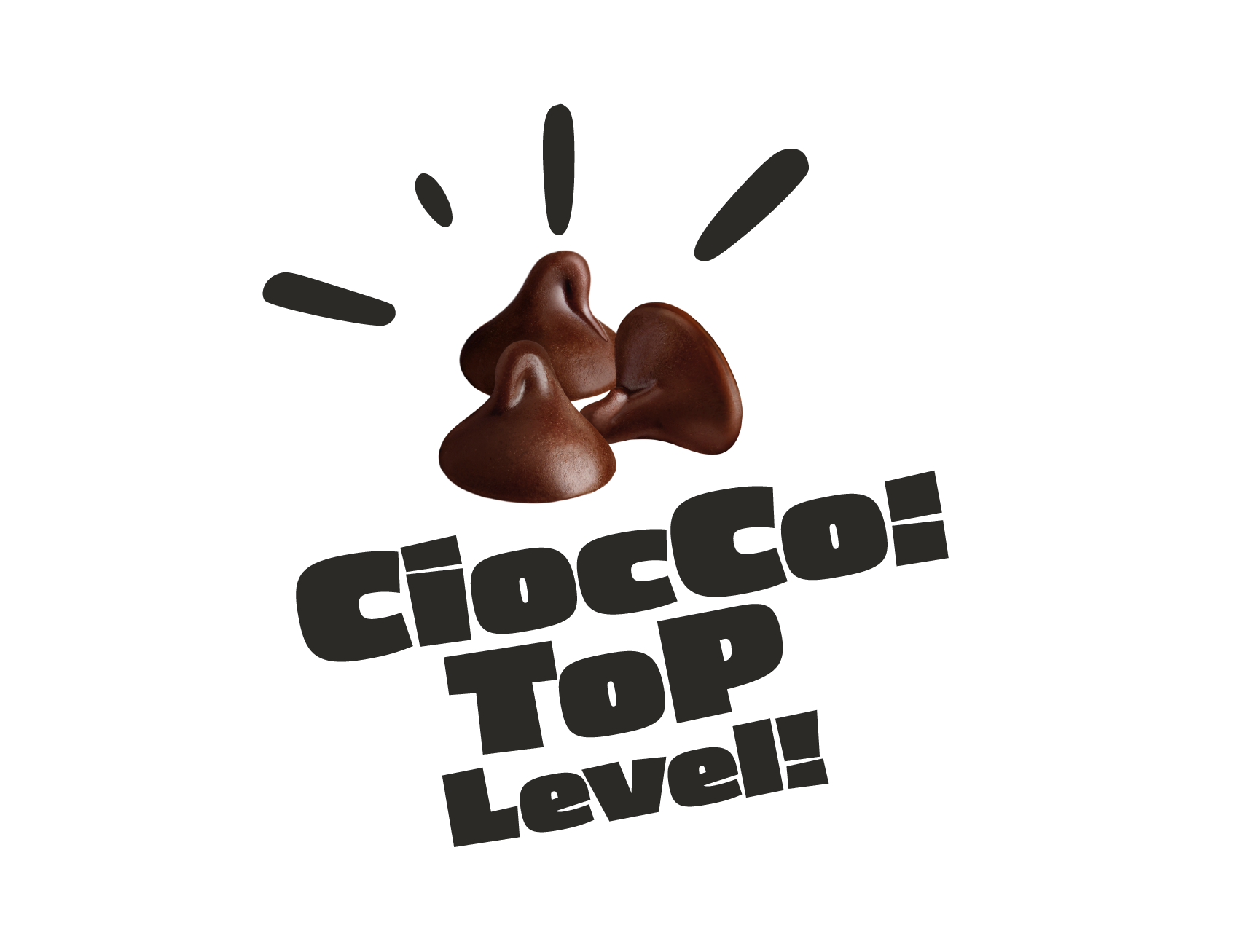 Scritta "Ciocco: Top Level!" con gocce di cioccolato