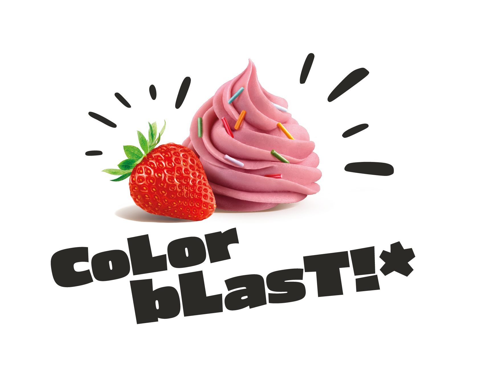 Scritta "color blast" con fragola e crema rosa con zuccherini colorati