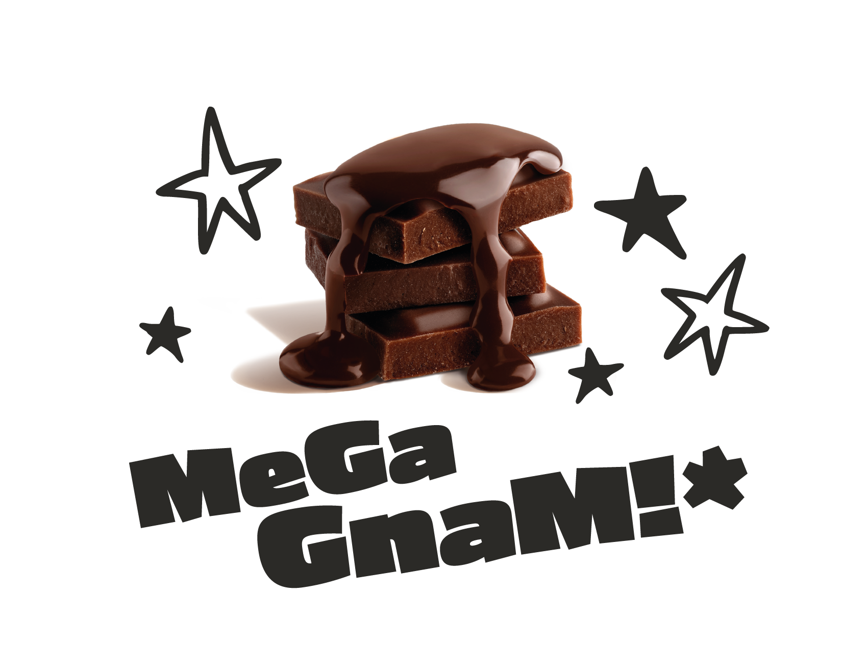 Scritta mega gnam" con pezzi di cioccolata e crema al cioccolato