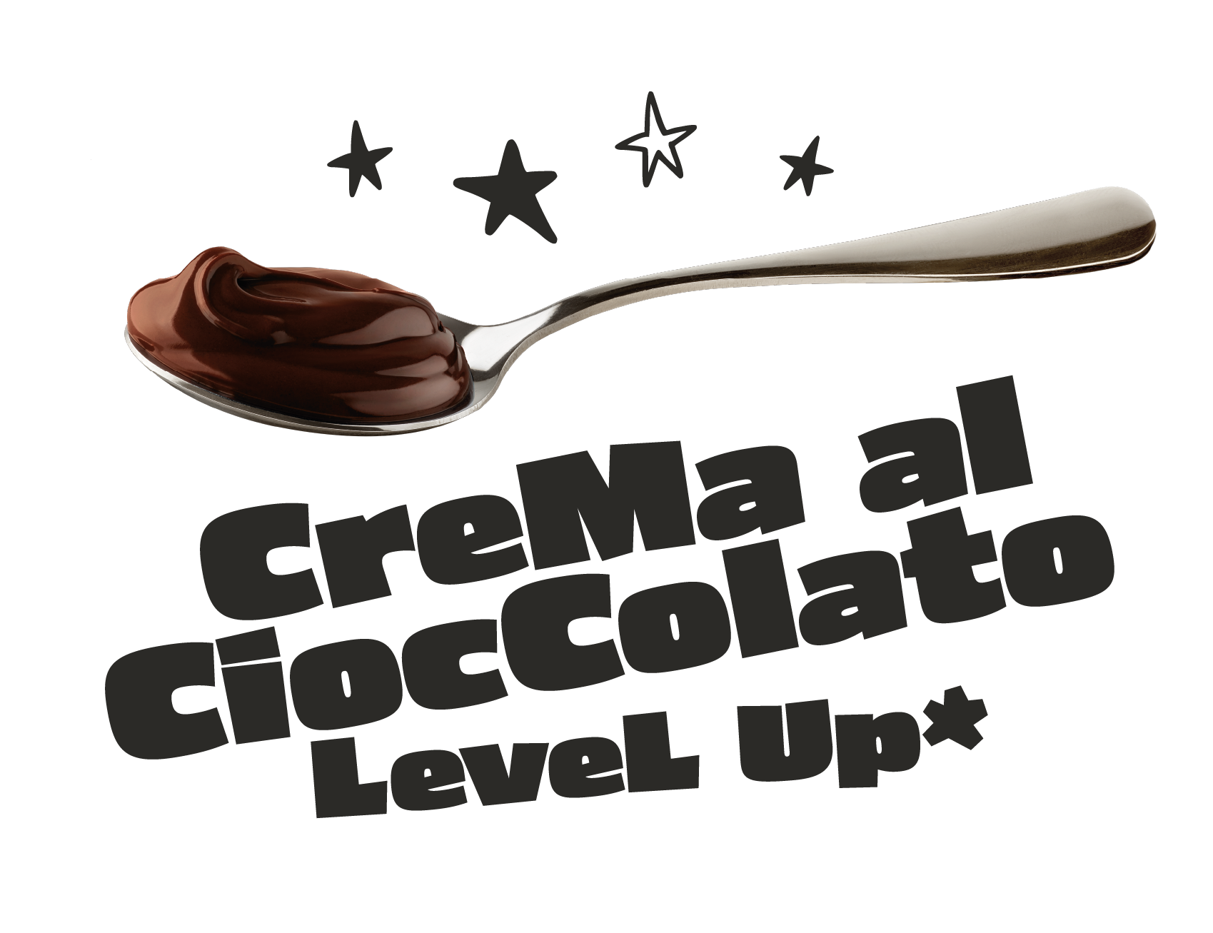 Scritta "Crema al cioccolato level up" con cucchiaino con crema al cioccolato
