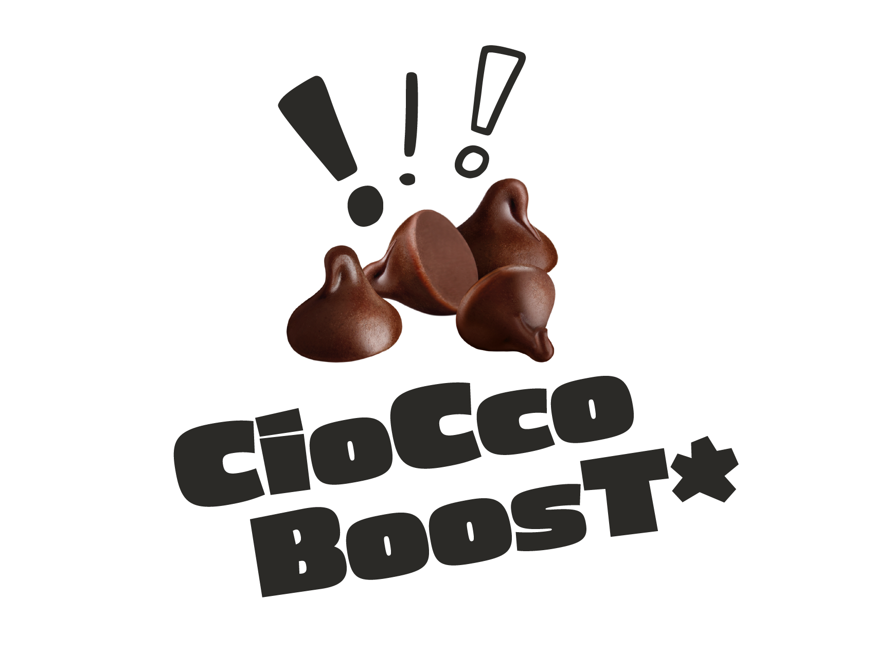 Scritta "Ciocco boost" con gocce di cioccolato