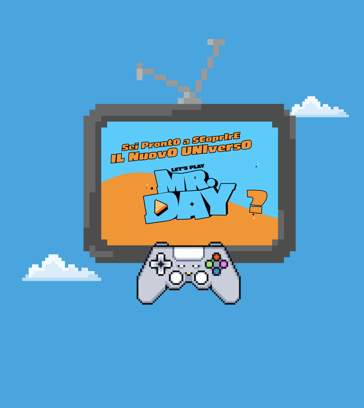 grafica di una televisione con il logo di MrDay e grafica di un joysticke su sfondo azzurro con grafiche di nuvole