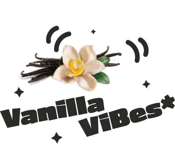 Scritta "Vanilla Vibes" con fiore e baccelli di vaniglia