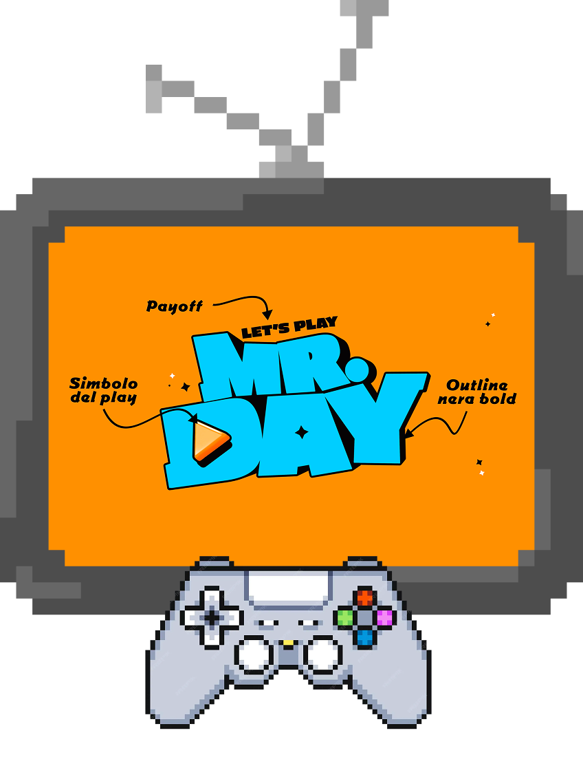 grafica di una televisione con il logo di MrDay e grafica di un joysticke 2026