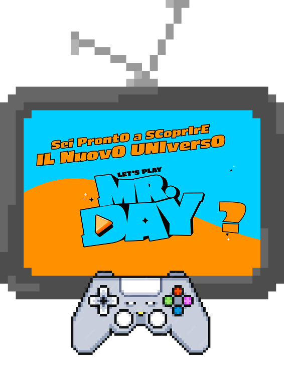 grafica di una televisione con il logo di MrDay e grafica di un joysticke