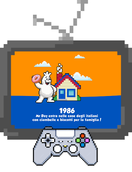 grafica di una televisione con la storia di MrDay del 1986 e di un joysticke