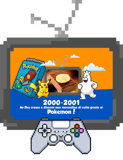 grafica di una televisione con la pubblicità delle merendine dei Pokemon di MrDay e di un joysticke