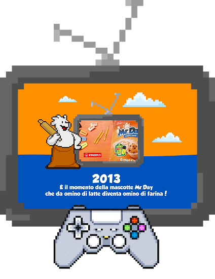 grafica di una televisione con la pubblicità di MrDay del 2013 e di un joysticke