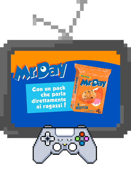 grafica di una televisione con la pubblicità di MrDay e di un joysticke
